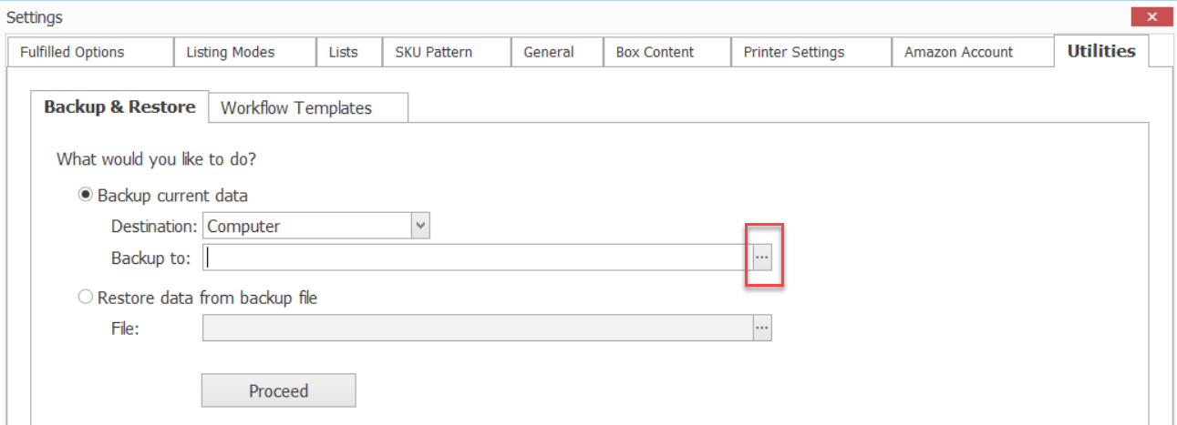 Backup location menu