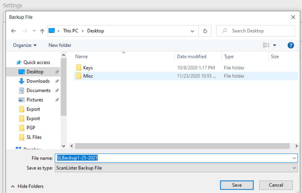 Choose backup file name