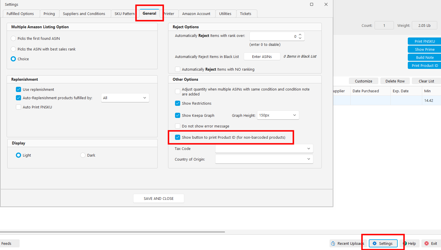 General Settings - Enable Print Product ID Button