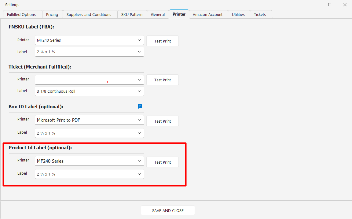 Printer Settings - Product ID Label Configuration
