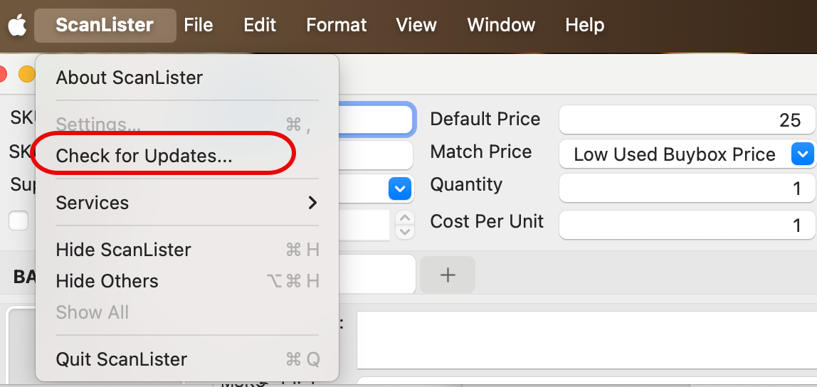 ScanLister Check for Updates menu on macOS
